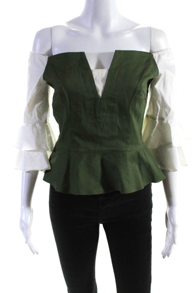 Intermix Womens Cotton Darted Ruffled Flounce Sleeve Peplum Blouse Green Size S