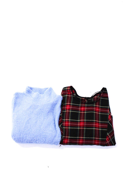 Zara Women's Round Neck Long Sleeves Cropped Top Plaid Blue Size XS Lot 2