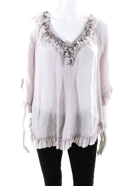 Rebecca Taylor Womens Silk Beaded Ruffled Long Sleeve V-Neck Blouse Lilac Size 2