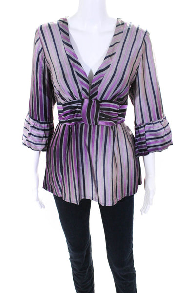 Nanette Lepore Women's Silk V-Neck Striped 3/4 Sleeve Blouse Purple Size 10