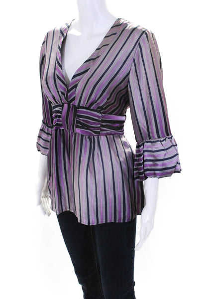 Nanette Lepore Women's Silk V-Neck Striped 3/4 Sleeve Blouse Purple Size 10