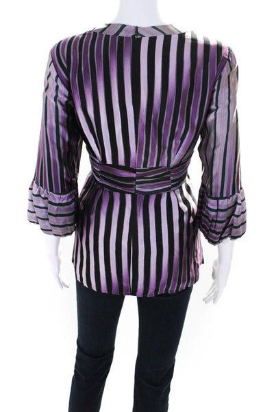 Nanette Lepore Women's Silk V-Neck Striped 3/4 Sleeve Blouse Purple Size 10