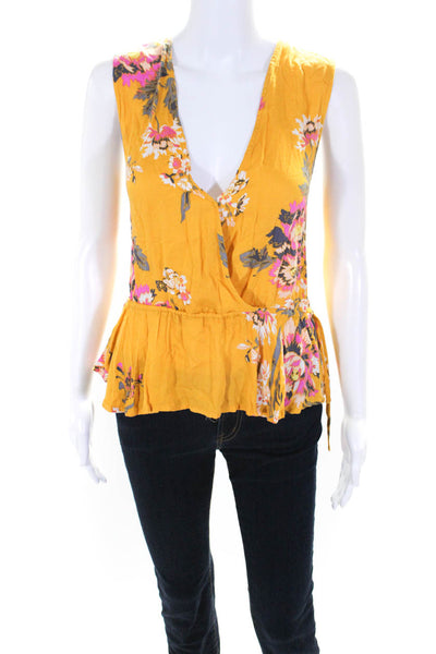 MINKPINK Women's Sleeveless Floral Print V-Neck Wrap Blouse Yellow Size L