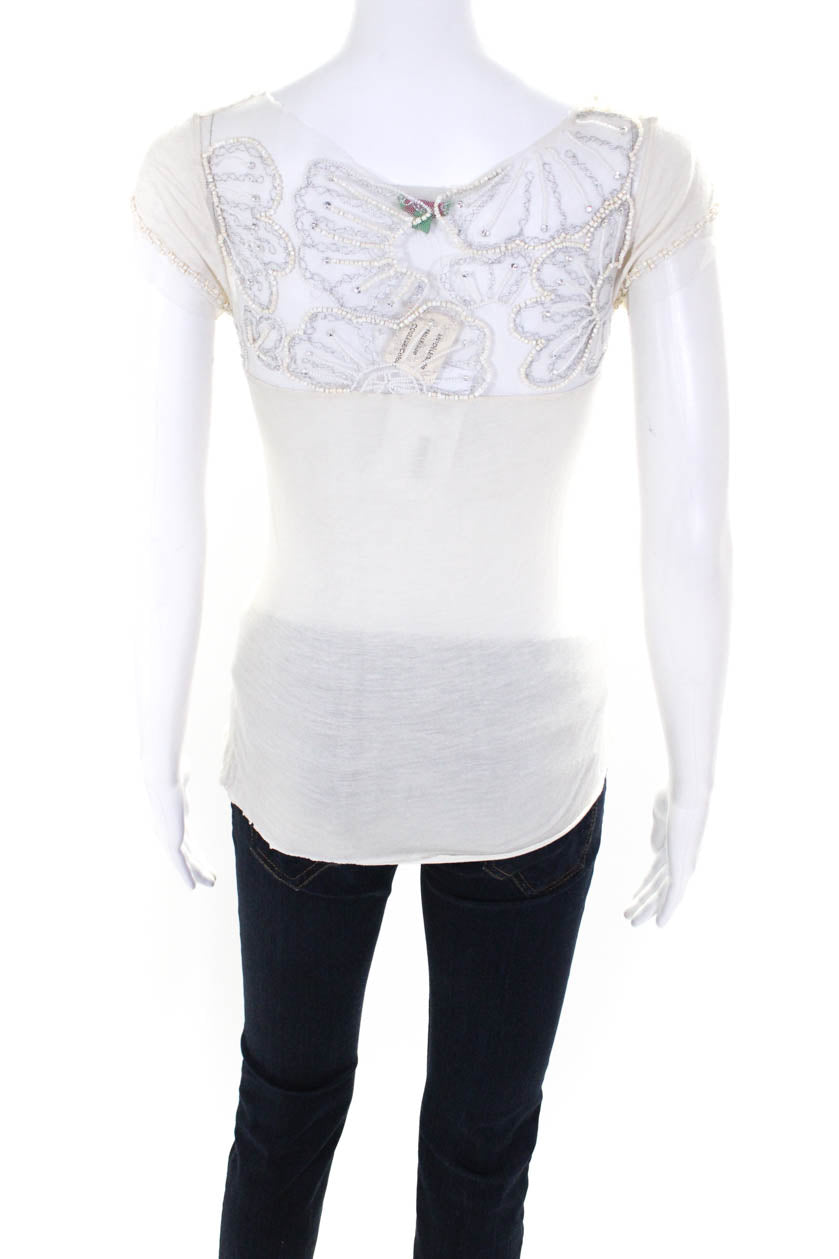 Chan Luu Women s Beaded V Neck Short Sleeve Blouse Cream Size S