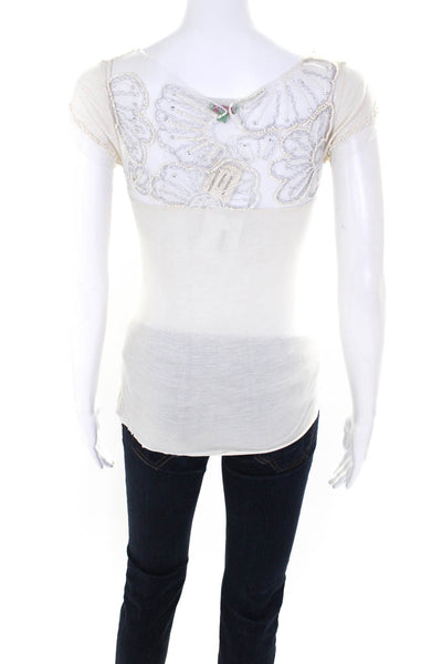 Chan Luu Women's Beaded V-Neck Short Sleeve Blouse Cream Size S