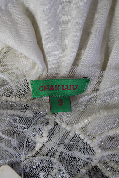 Chan Luu Women's Beaded V-Neck Short Sleeve Blouse Cream Size S