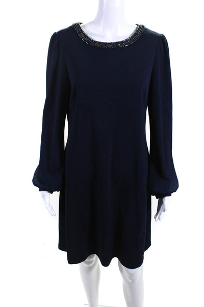 Adrianna Papell Womens Embroidered Beaded Round Neck Zipped Dress Navy Size 10