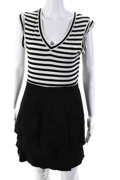 BCBG Max Azria Womens Striped Short Sleeved Tiered Dress White Black Size S