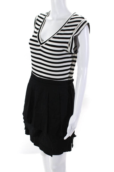 BCBG Max Azria Womens Striped Short Sleeved Tiered Dress White Black Size S