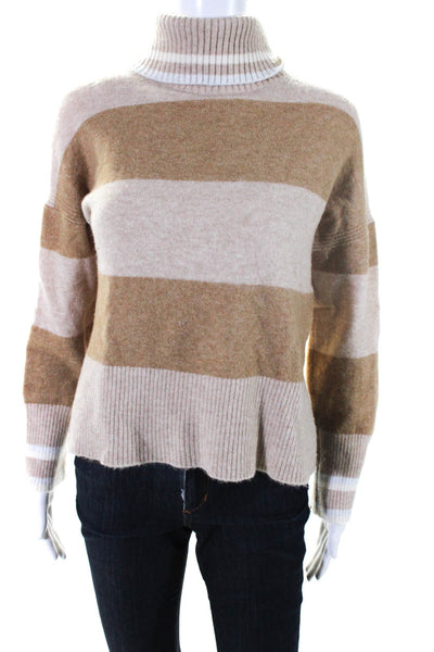 J Crew Womens Knit Striped Print Split Hem Turtleneck Sweater Top Beige Size 2XS