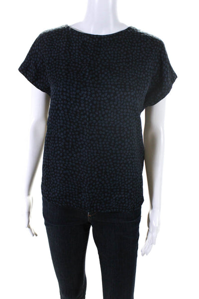 APC Womens 100% Silk Spotted Print Short Sleeved Boat Neck Top Blue Black Size S