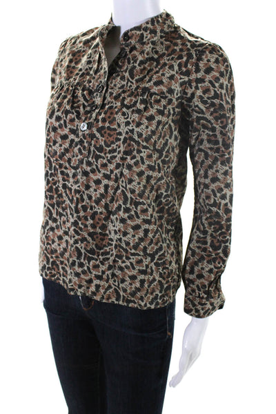 APC Womens Leopard Print Buttoned High Neck Long Sleeved Top Brown Gray Size 34