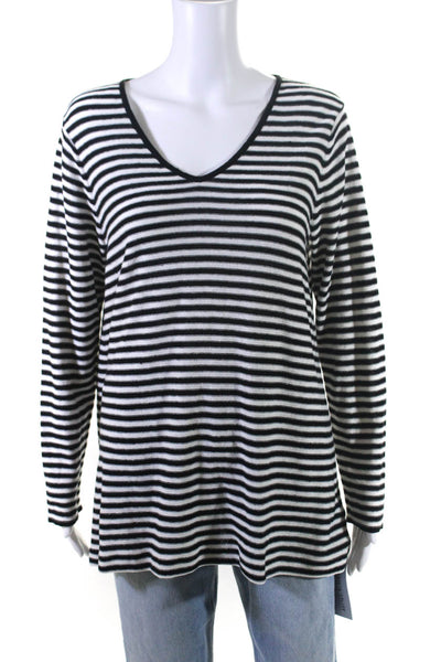 Eileen Fisher Womens Linen Striped V Neck Sweater Black White Size Medium