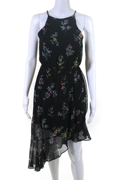 Aqua Womens Floral Asymmetrical Hem Spaghetti Strap Dress Black Green Size S