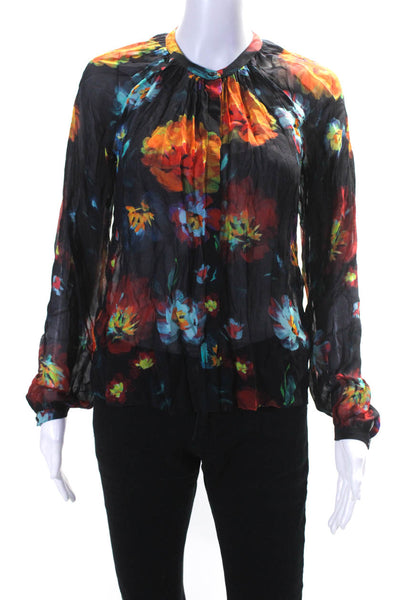 Lilla P Womens Long Sleeve Crew Neck Floral Button Up Top Blouse Multicolor XS