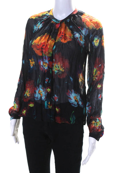 Lilla P Womens Long Sleeve Crew Neck Floral Button Up Top Blouse Multicolor XS