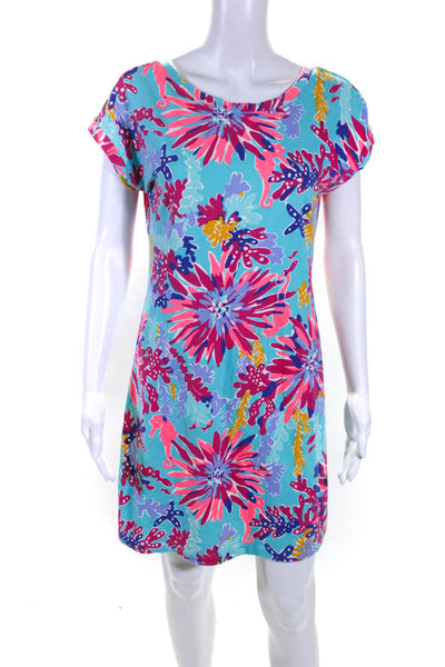 Lilly Pulitzer Womens Floral Short Sleeved Button T Shirt Dress Blue Pink Size S