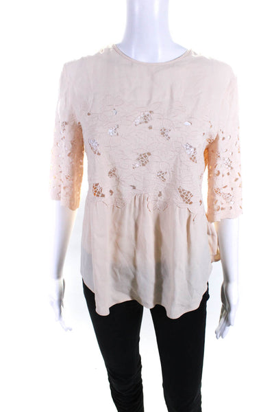 Club Monaco Womens Round Neck Quarter Sleeved Floral Blouse Top Pink Size S