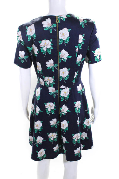 Draper James Womens Cotton Floral V-Neck Short Sleeve A-Line Dress Blue Size 4