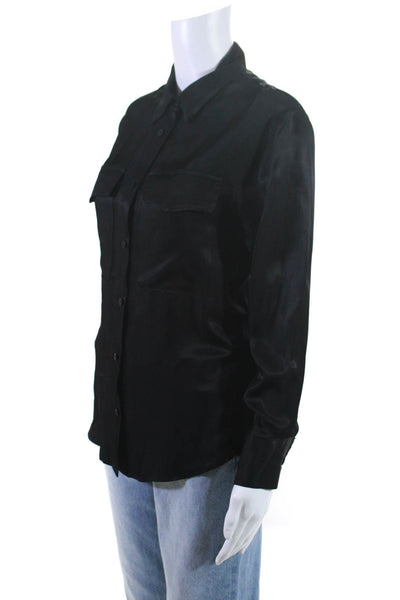 Matin Womens Button Front Long Sleeve Collared Satin Shirt Black Size Small