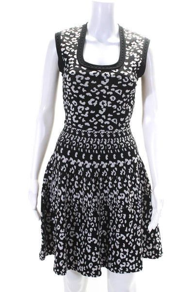 Rebecca Taylor Womens Scoop Neck Leopard Knit Flare Dress Black White Size XS