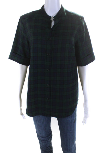 Pendleton Womens Button Front Crew Neck Plaid Shirt Blue Green Wool Size Medium