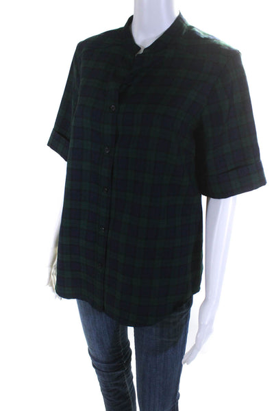 Pendleton Womens Button Front Crew Neck Plaid Shirt Blue Green Wool Size Medium