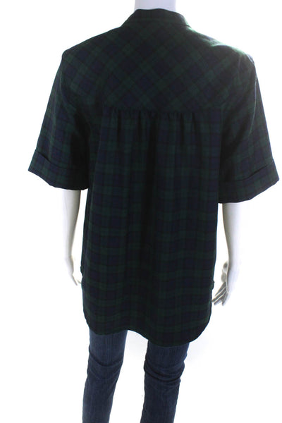 Pendleton Womens Button Front Crew Neck Plaid Shirt Blue Green Wool Size Medium