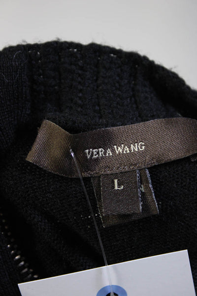 Vera Wang Womens Back Zip Crew Neck Silk Knit Sweatshirt Black Wool Size Large