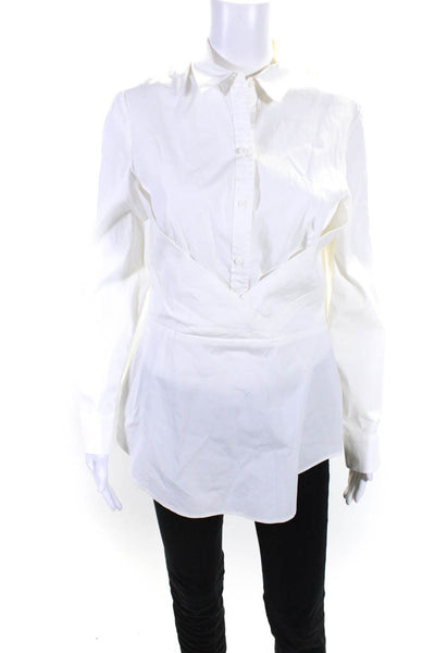 Lela Rose Womens Long Sleeve Collared Half Button Shirt White Cotton Size 10