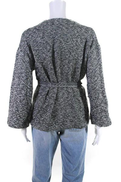 Eileen Fisher Womens Belted Tie Front V Neck Knit Jacket Black White Cotton XS