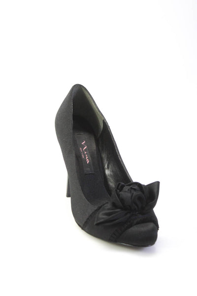 Nina Womens Satin Floral Accent Almond Toe High Heel Pumps Black Size 7.5US 37.5