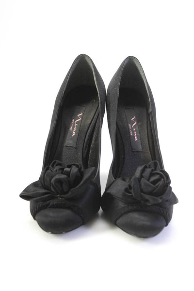 Nina Womens Satin Floral Accent Almond Toe High Heel Pumps Black Size 7.5US 37.5