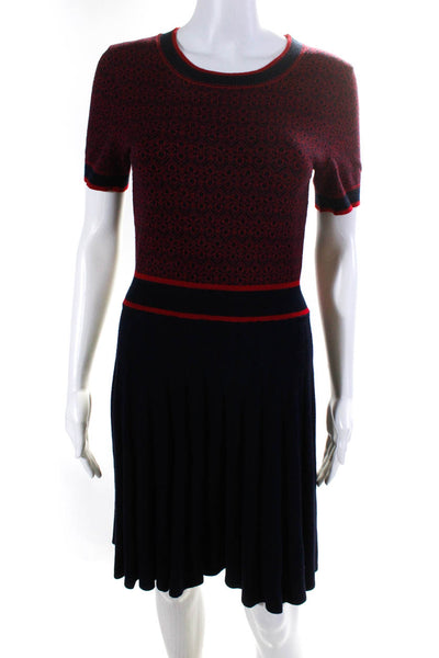 Draper James Womens Short Sleeves Pleated Sweater Dress Navy Blue Red Size Small