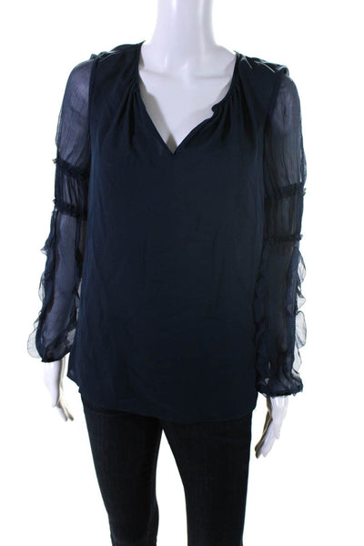 Elie Tahari Womens Chiffon Ruffle Tie Neck Top Blouse Navy Blue Size Small