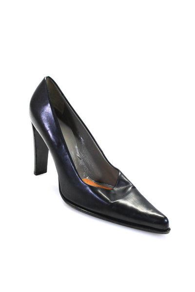 Prada Womens Leather Pointed Toe Cuban High Heel Pumps Shoes Black Size 7US 37EU