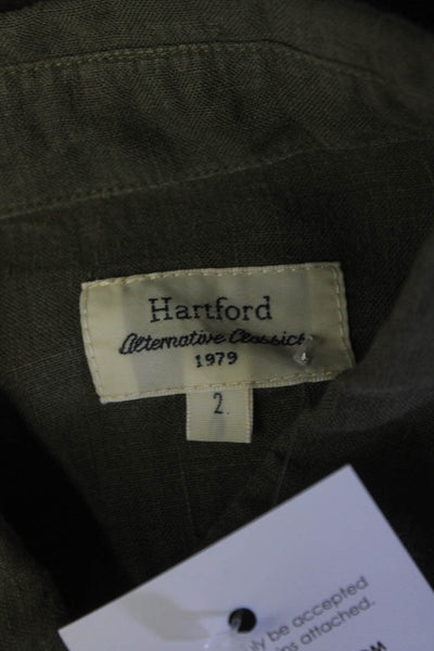 Hartford Womens Linen Long Sleeved Slim Collared Button Down Shirt Green Size 2