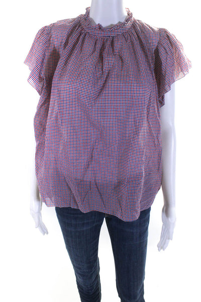 Birds of Paradis Womens Gingham Short Sleeved High Neck Blouse Red Blue Size M