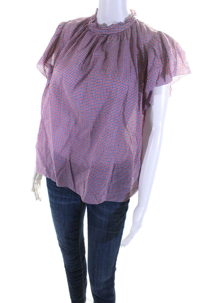 Birds of Paradis Womens Gingham Short Sleeved High Neck Blouse Red Blue Size M