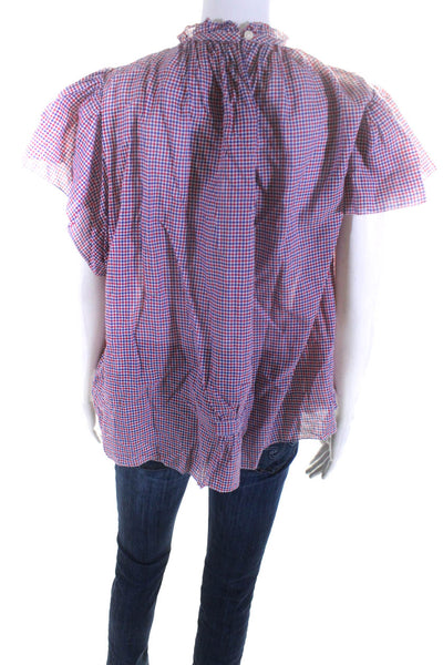 Birds of Paradis Womens Gingham Short Sleeved High Neck Blouse Red Blue Size M