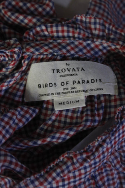 Birds of Paradis Womens Gingham Short Sleeved High Neck Blouse Red Blue Size M