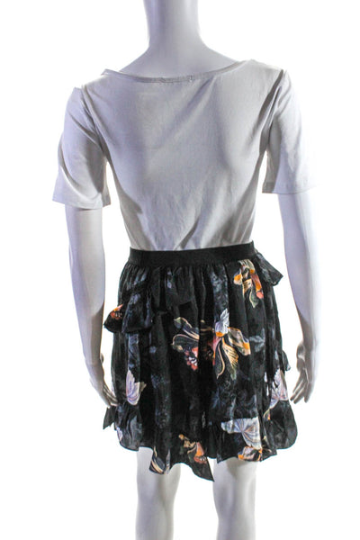 Allsaints Womens Floral Print Elastic Asymmetrical Hem Ruffle Skirt Black Size 4