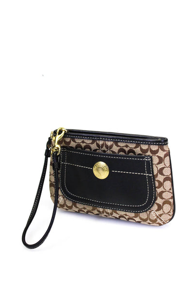 Coach Jacquard Leather Trim Monogram Print Top Zip Small Wristlet Brown Black