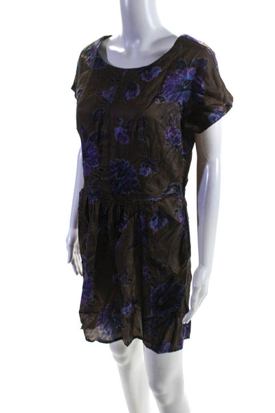 Roberta Freymann Womens Silk Floral Print Ruched Darted Midi Dress Brown Size M