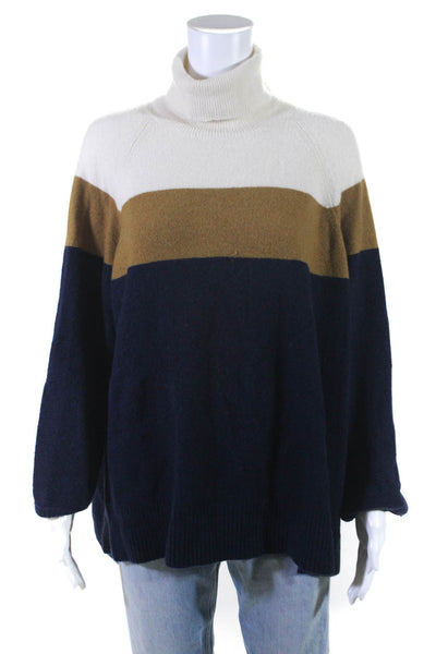 J Crew Womens Wool Knit Striped Turtleneck Pullover Sweater Top Blue Size 2XL