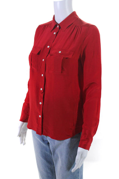 J Crew Womens Silk Woven Collared Long Sleeve Button-Up Blouse Top Red Size 0