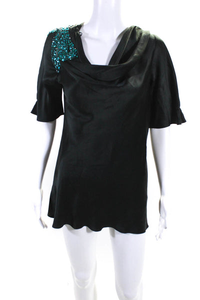 Vera Wang Womens Short Sleeve Crystal Hammered Silk Mini Dress Black Size 8