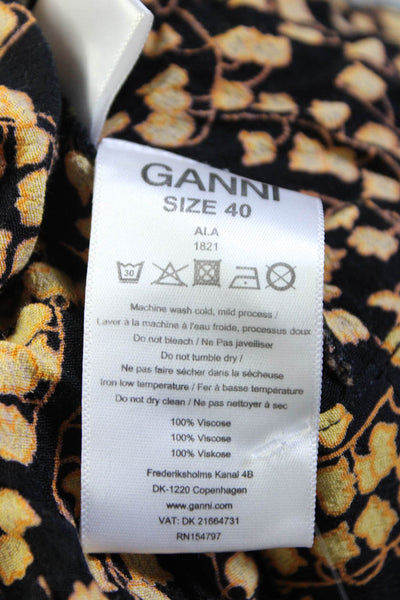 Ganni Womens Short Sleeve V Neck Floral Wrap Dress Black Yellow Size FR 40