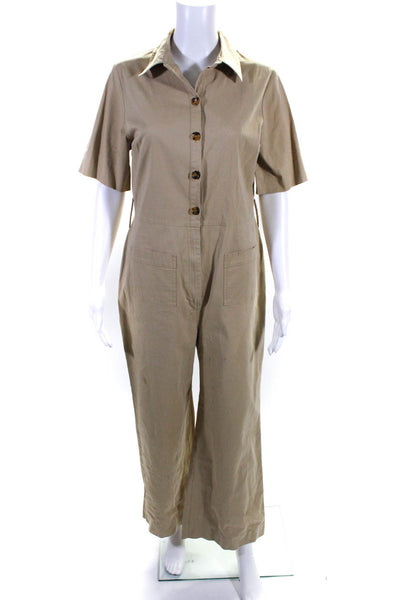 Staud Womens Button Front Short Sleeve Collared Pleated Jumpsuit Brown Size 10
