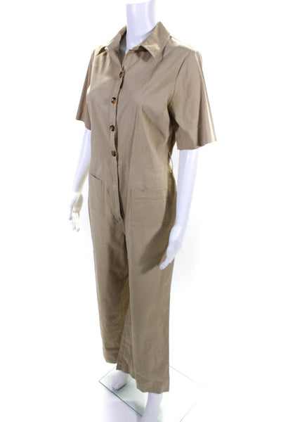 Staud Womens Button Front Short Sleeve Collared Pleated Jumpsuit Brown Size 10